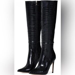 Elegant Black Croc-Embossed Knee-High Boots